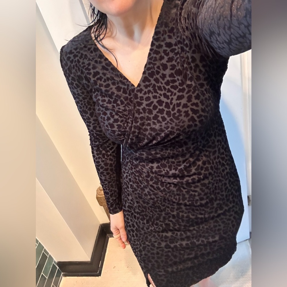 Talbots Black Tonal Leopard Ruched Dress | Size M